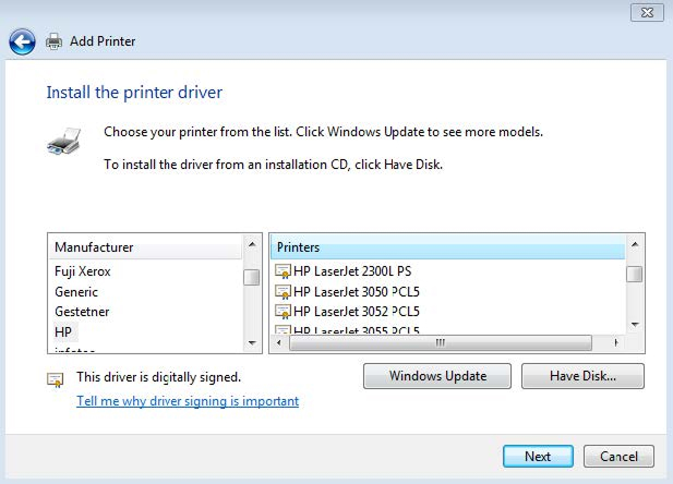 Windows Add Printer driver selection screen